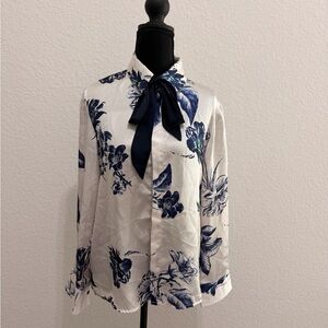 Satin Floral Bow Tie Blouse | Feminine Romantic Top | Hidden Buttons